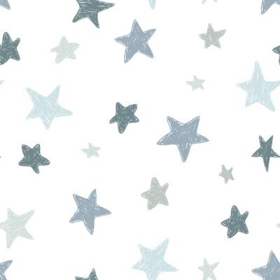 Tapete Vector kids pattern with doodle textured stars. Vector seamless background, black, gray, white, scandinavian style
