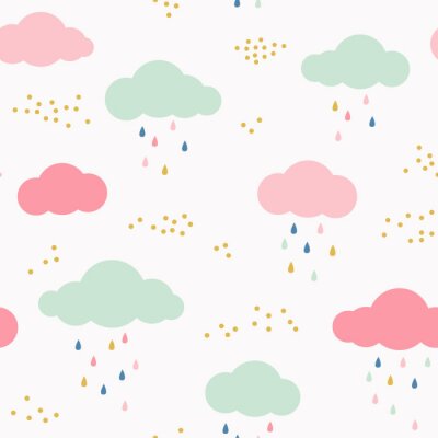 Tapete Vector Kinder Muster mit Wolken, regen Tropfen und Punkte. Cute skandinavischen nahtlose Hintergrund in Minze, rosa, gelb und grau.