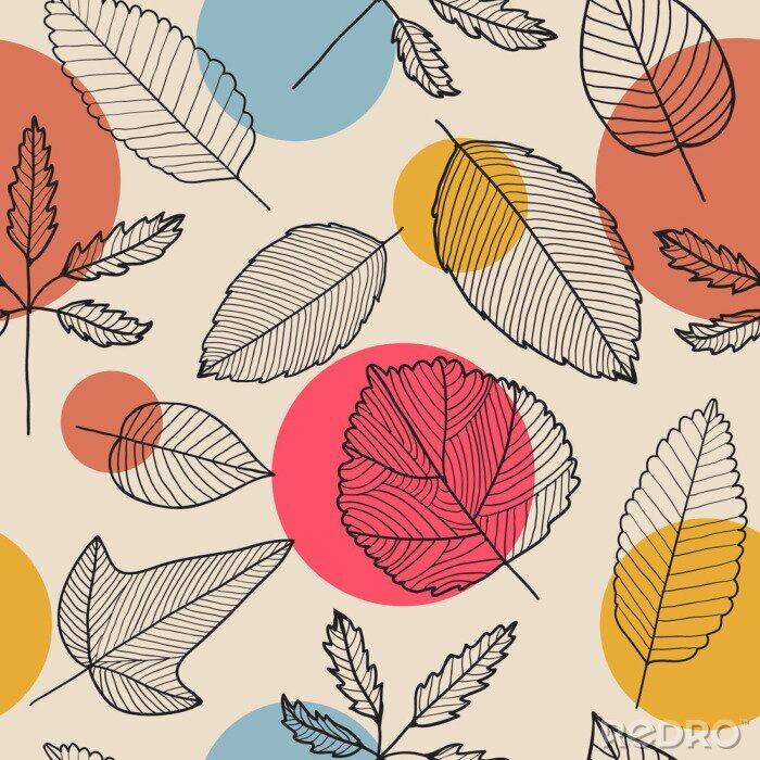 Tapete Vector leaves seamless pattern, hand drawn autumn background.
