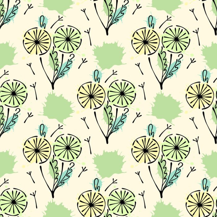 Tapete Vector nahtlose Blumenmuster mit Blumen, Blätter, dekorative Elemente, spritzen, Blots, fallen Hand gezeichnet Kontur Linien und Schläge Doodle Skizze Stil, Grafik Vektor-Illustration