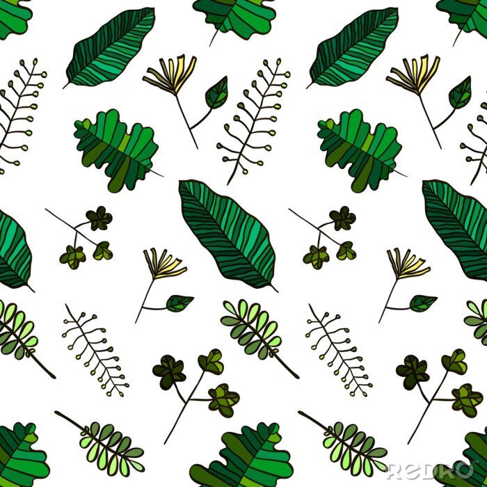Tapete Vector Nahtlose Kräuter-Illustration mit den verschiedenen künstlerischen Arten von grünen Blättern auf dem weißen Hintergrund