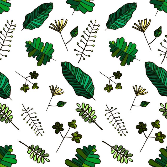 Tapete Vector Nahtlose Kräuter-Illustration mit den verschiedenen künstlerischen Arten von grünen Blättern auf dem weißen Hintergrund