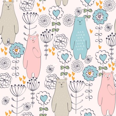 Tapete Vector nahtlose Muster mit Bären und Blumen