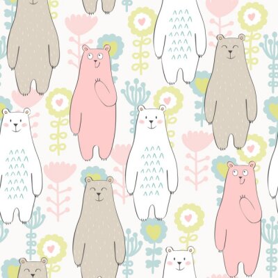 Tapete Vector nahtlose Muster mit Bären und Blumen