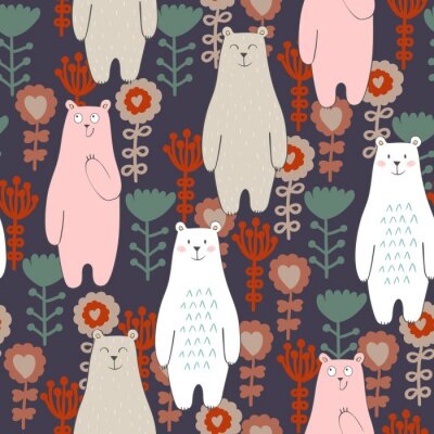 Tapete Vector nahtlose Muster mit Bären und Blumen