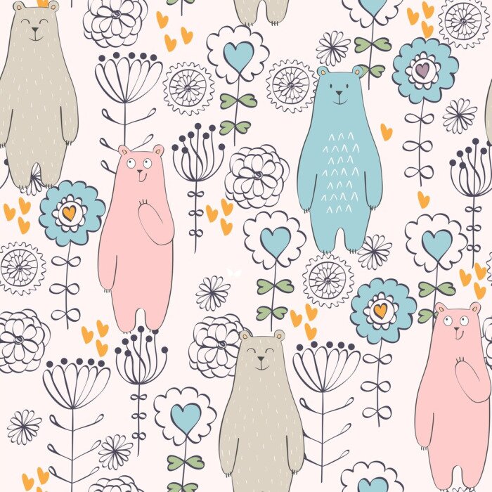 Tapete Vector nahtlose Muster mit Bären und Blumen