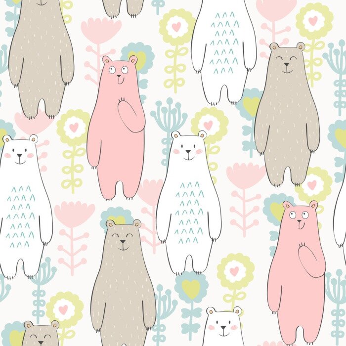 Tapete Vector nahtlose Muster mit Bären und Blumen