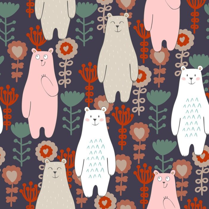 Tapete Vector nahtlose Muster mit Bären und Blumen