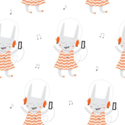 Tapete Vector nahtlose Muster mit Cartoon-Kaninchen Musik hören auf weißem Hintergrund.