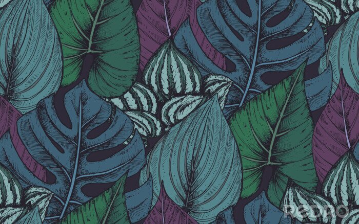 Tapete Vector nahtlose Muster mit Kompositionen von Hand gezeichnet tropischen Pflanzen