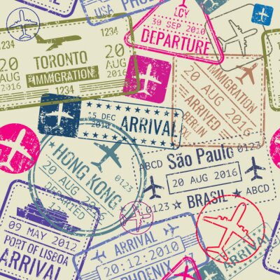 Tapete Vector nahtlose Muster mit Pass-Visum Briefmarken