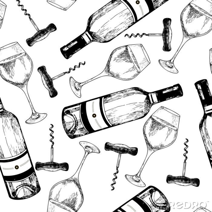 Tapete Vector nahtlose Muster von Weißwein. Handgezeichnete gravierte Objekte. Weinflasche, Glas und Korkenzieher.