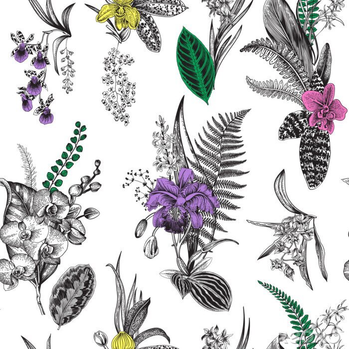 Tapete Vector nahtlose Vintage Blumenmuster. Botanische klassische Illustration. Bunt