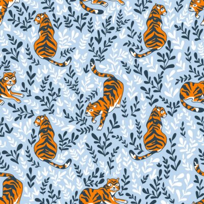 Tapete Vector nahtloses Muster mit den Tiger, die auf dem Blumenhintergrund lokalisiert werden. Tierhintergrund für Gewebe oder Tapete boho Design.
