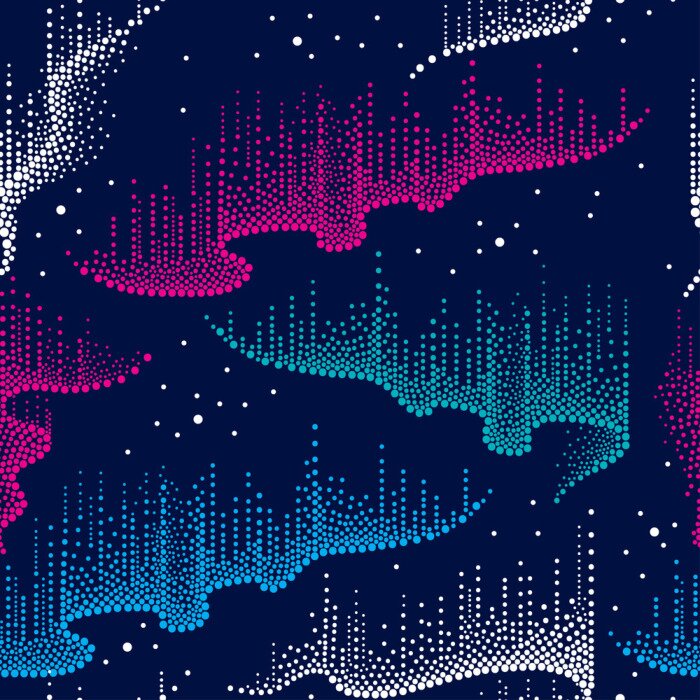 Tapete Vector nahtloses Muster mit punktierten Strudeln des Nord- oder Polarlichtes der Farbe in Blauem, in rosa und Weiß auf dem dunklen Hintergrund. Aurora Borealis Lichter in Dotwork-Stil für Weltraum-und