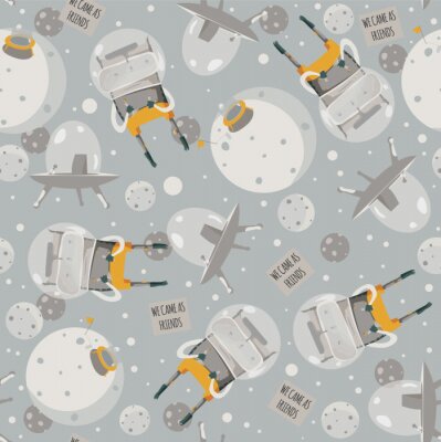 Tapete Vector niedliche nahtlose Illustration mit schönen Aliens, Raumschiff und kleinen Planeten. Graue und gelbe Farben. Kind kindisches Muster, gut für kreatives Verpackungspapierentwurf.