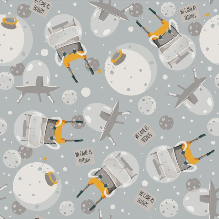 Tapete Vector niedliche nahtlose Illustration mit schönen Aliens, Raumschiff und kleinen Planeten. Graue und gelbe Farben. Kind kindisches Muster, gut für kreatives Verpackungspapierentwurf.