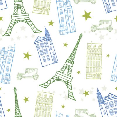 Tapete Vector Paris Streets Blue Green Zeichnung Nahtlose Muster mit Eiffelturm, Häuser, Autos und Sternen. Vervollkommnen Sie für reisen Sie themed entwirft Produkte, Taschen, Zusätze, Gepäck, Kleidung.