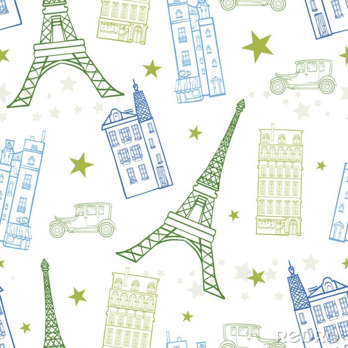 Tapete Vector Paris Streets Blue Green Zeichnung Nahtlose Muster mit Eiffelturm, Häuser, Autos und Sternen. Vervollkommnen Sie für reisen Sie themed entwirft Produkte, Taschen, Zusätze, Gepäck, Kleidung.