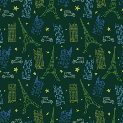 Tapete Vector Paris Streets Dark Green Zeichnung Nahtlose Muster mit Eifel Tower, Häuser, Autos und Sternen. Vervollkommnen Sie für reisen Sie themed Entwurfsprodukte.
