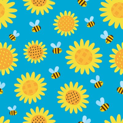 Tapete Vector pattern with flying cartoon bees isolated on blue background