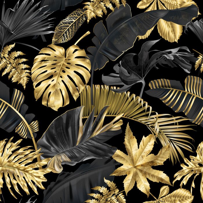 Tapete Vector pattern with gold black tropical leaves