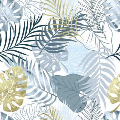 Tapete Vector seamless pattern blue watercolor and gold texture palm exotics and monstera leaves. Vector modern illustration. Colored endless background.