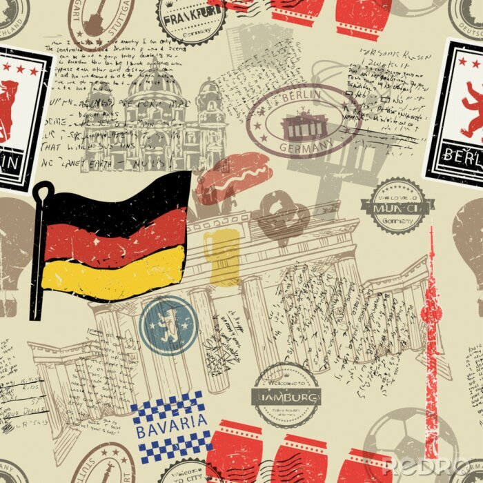 Tapete Vector seamless pattern consisting of Germany symbols or icons. Stamps and travel icons collection. Germany symbols on fabric background. 