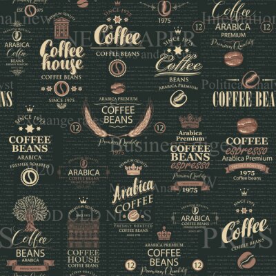 Tapete Vector seamless pattern in retro style on the theme of coffee house and coffee with various coffee labels on the black background of old magazine page. Suitable for wallpaper, fabric, wrapping paper