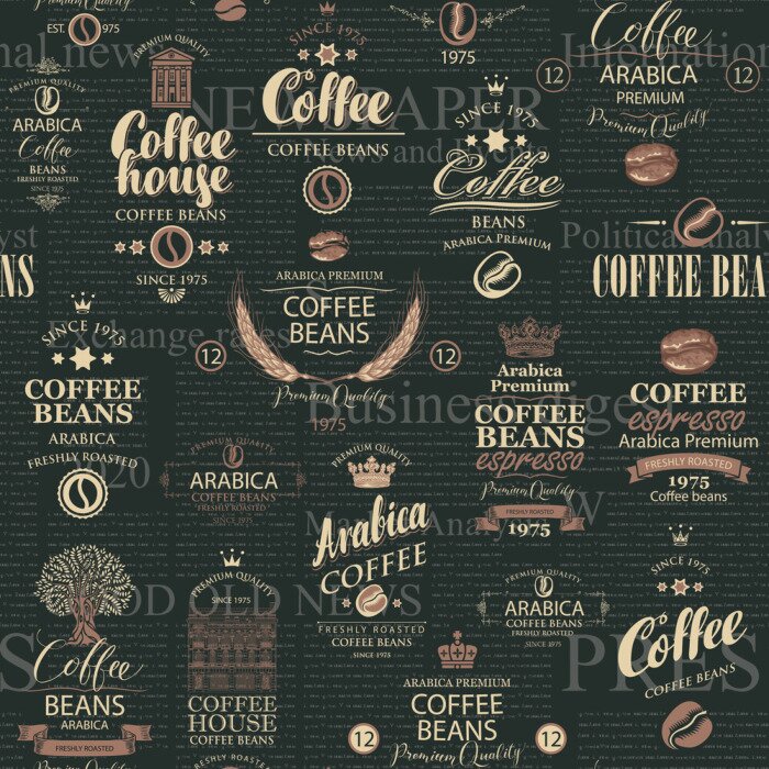 Tapete Vector seamless pattern in retro style on the theme of coffee house and coffee with various coffee labels on the black background of old magazine page. Suitable for wallpaper, fabric, wrapping paper
