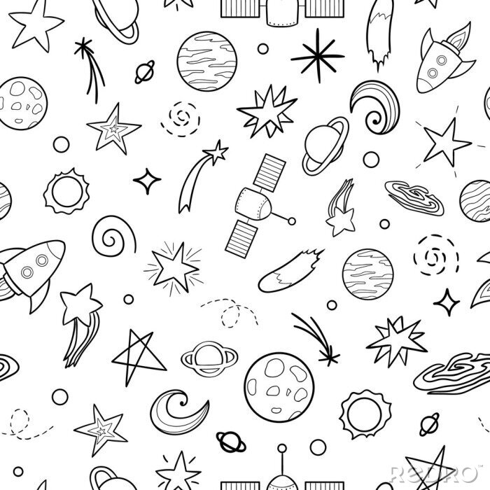 Tapete Vector seamless pattern of space objects. Black and white repeat background with planet,   star,   spaceship,   satellite,   moon,   sun,   asteroid. Coloring page for kids