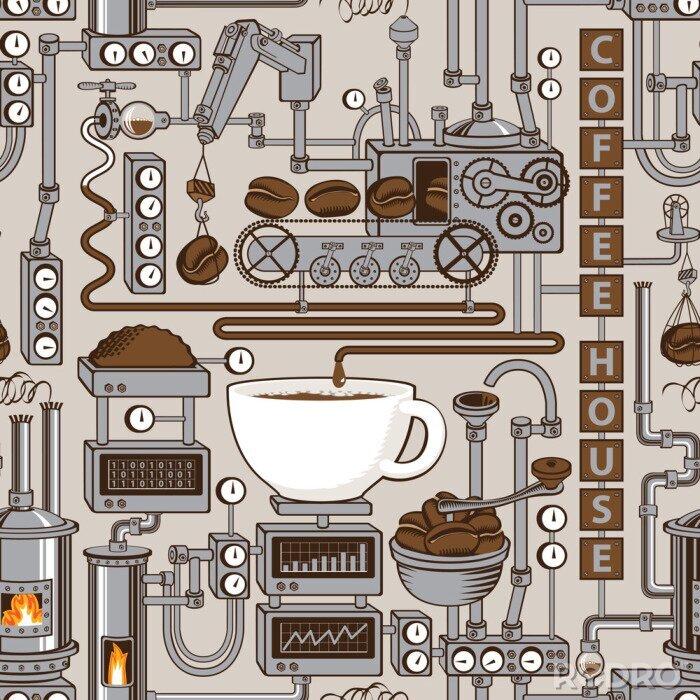 Tapete Vector seamless pattern on coffee theme with a cup of freshly brewed coffee, plant with conveyor coffee production in retro style and with words Coffee house.