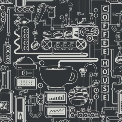 Tapete Vector seamless pattern on coffee theme with a cup of freshly brewed coffee, plant with conveyor coffee production in retro style and with words Coffee house.