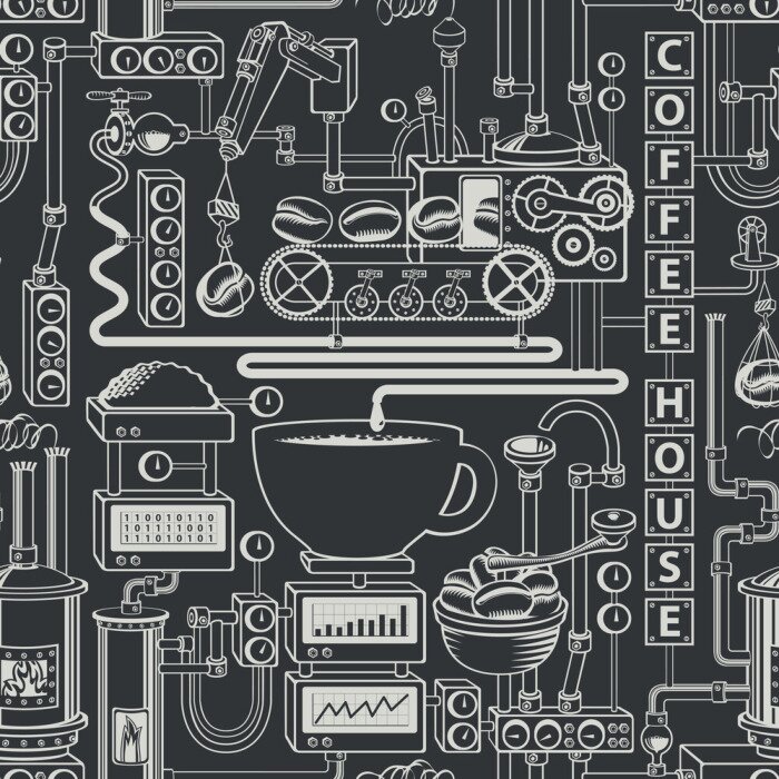 Tapete Vector seamless pattern on coffee theme with a cup of freshly brewed coffee, plant with conveyor coffee production in retro style and with words Coffee house.
