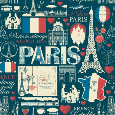 Tapete Vector seamless pattern on France and Paris theme with drawings, inscriptions, architectural landmarks, map and flag of French republic in retro style. Can be used as wallpaper, wrapping paper, fabric