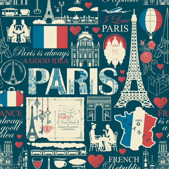 Tapete Vector seamless pattern on France and Paris theme with drawings, inscriptions, architectural landmarks, map and flag of French republic in retro style. Can be used as wallpaper, wrapping paper, fabric