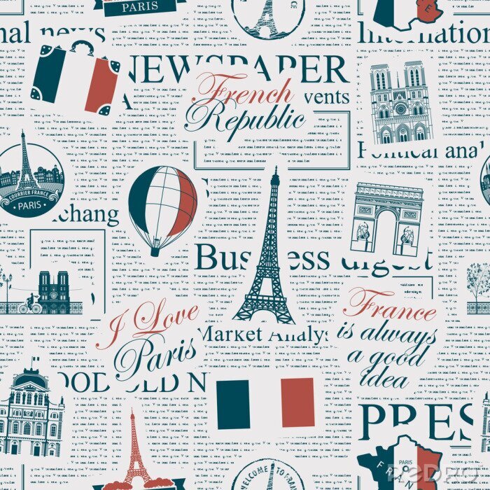 Tapete Vector seamless pattern on France and Paris theme with inscriptions, architectural landmarks and flag of French Republic in retro style on the newspaper background. Wallpaper, wrapping paper, fabric