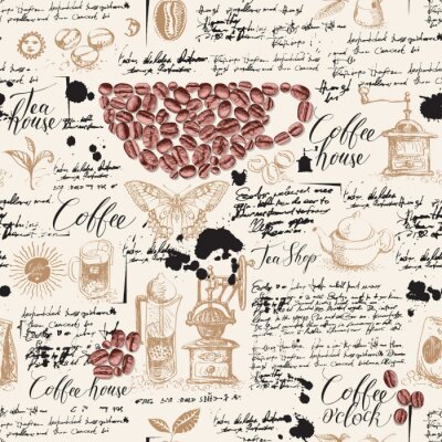 Tapete Vector seamless pattern on tea and coffee theme in retro style. Various coffee and tea sketches, blots and inscriptions on a background of old manuscript. Can be used as wallpaper or wrapping paper