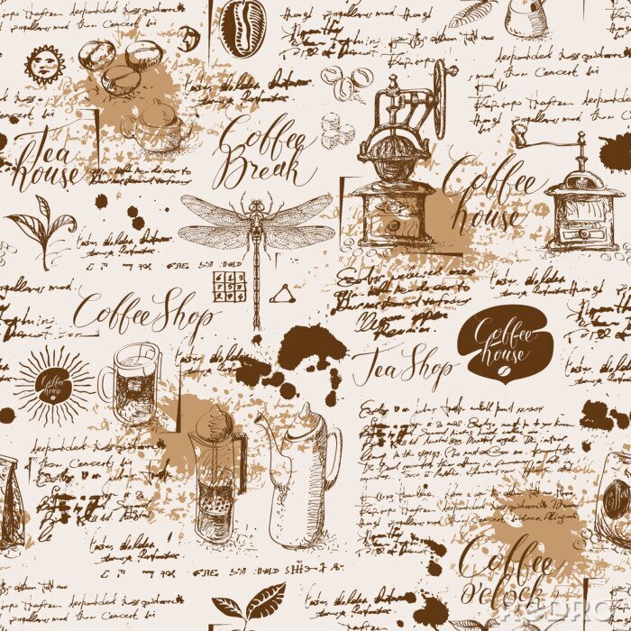 Tapete Vector seamless pattern on tea and coffee theme in retro style. Various coffee symbols, dragonfly, blots and inscriptions on a background of old manuscript. Can be used as wallpaper or wrapping paper