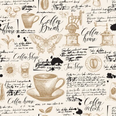 Tapete Vector seamless pattern on tea and coffee theme with sketches, blots and unreadable inscriptions in retro style. Suitable for Wallpaper, wrapping paper, background, fabric or textile