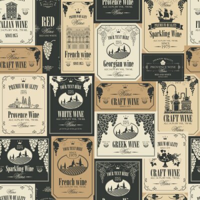 Tapete Vector seamless pattern on the theme of wine with various wine labels with images of grapes, landscapes, winery, castles, sailboats, fruits and other in retro style