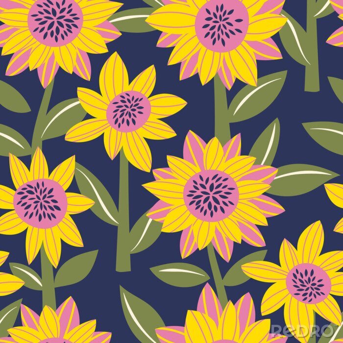 Tapete Vector seamless pattern with abstract sunflowers in trendy colors