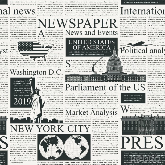 Tapete Vector seamless pattern with american newspapers columns. Text on newspaper page is unreadable. US newspaper with black text, repeating newspaper vector background with headlines and illustrations.