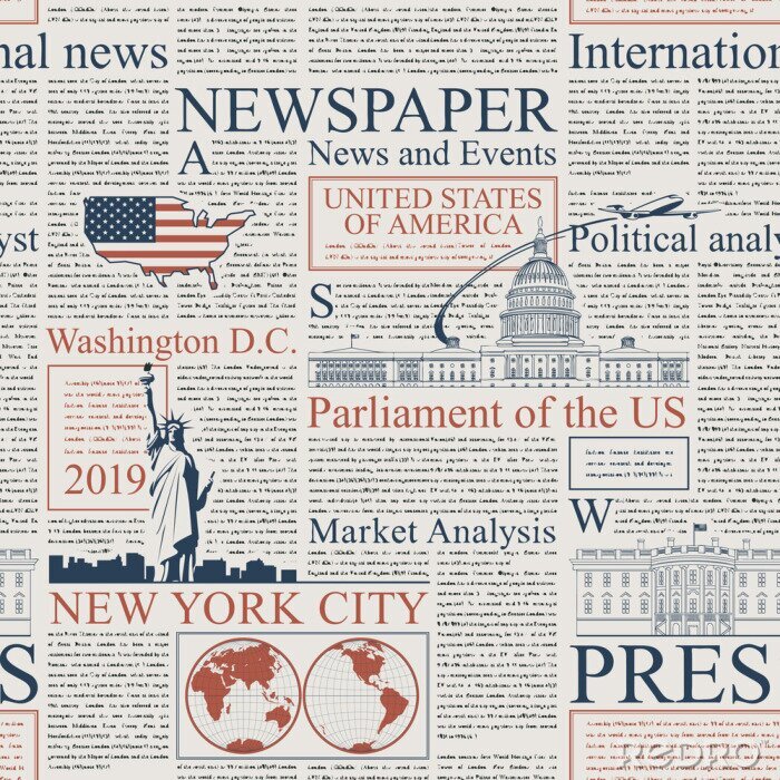 Tapete Vector seamless pattern with american newspapers columns. Text on newspaper page is unreadable. US newspaper with blue and red text, repeating newspaper background with headlines and illustrations.