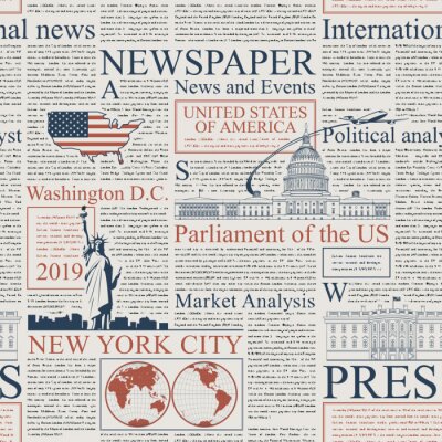 Tapete Vector seamless pattern with american newspapers columns. Text on newspaper page is unreadable. US newspaper with blue and red text, repeating newspaper background with headlines and illustrations.