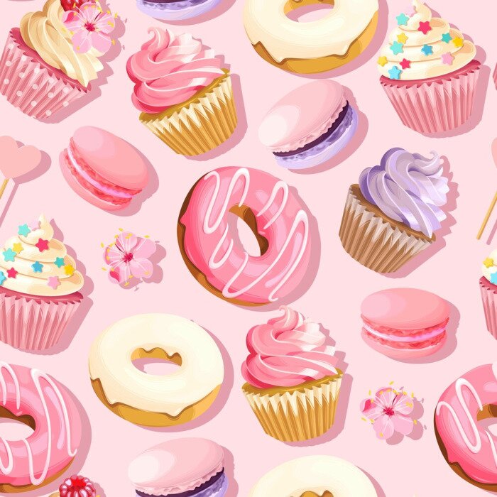 Tapete Vector seamless pattern with cupcakes and donuts