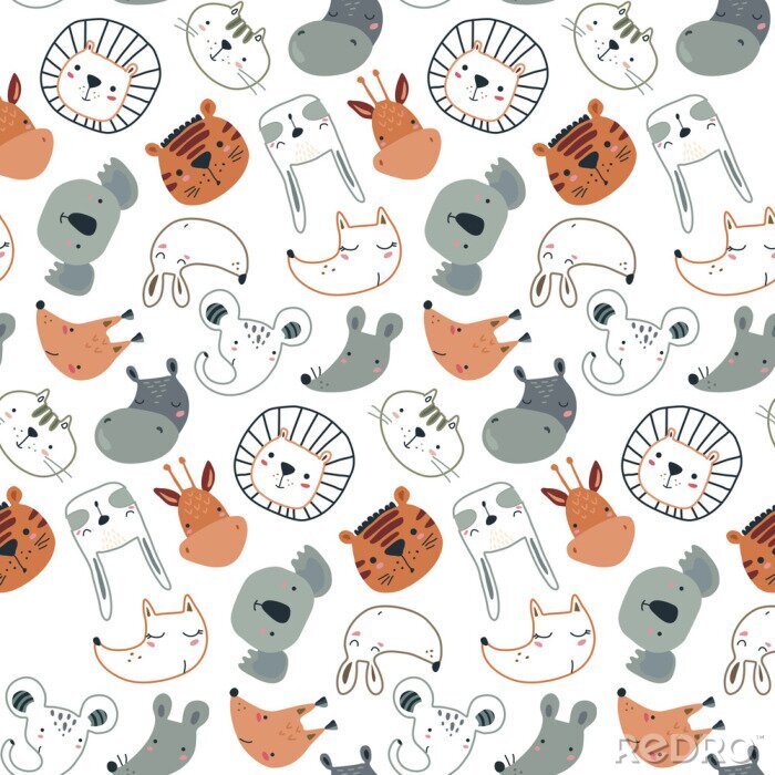 Tapete Vector seamless pattern with cute animal faces in simple scandinavian style.