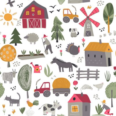 Tapete Vector seamless pattern with cute hand drawn farm animals, trees, houses, tractor, mill.