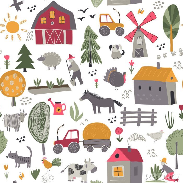 Tapete Vector seamless pattern with cute hand drawn farm animals, trees, houses, tractor, mill.