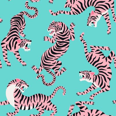 Tapete Vector seamless pattern with cute tigers on background. Circus animal show. Fashionable fabric design.